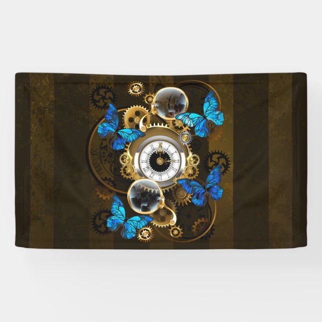 Steampunk Gears and Blue Butterflies Banner (Horizontal)