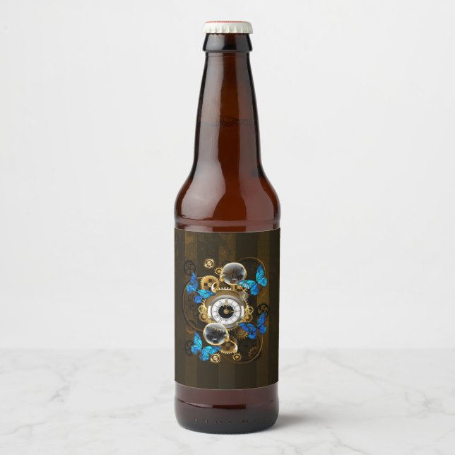 Steampunk Gears and Blue Butterflies Beer Bottle Label (Front)