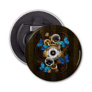 Steampunk Gears and Blue Butterflies Bottle Opener