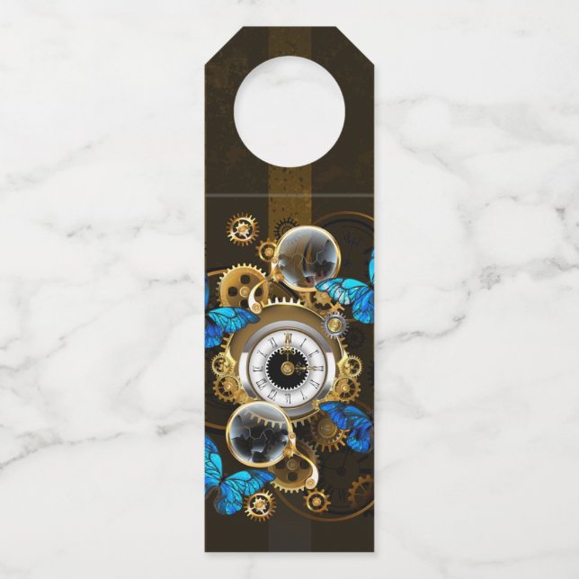 Steampunk Gears and Blue Butterflies Bottle Tag (Front)