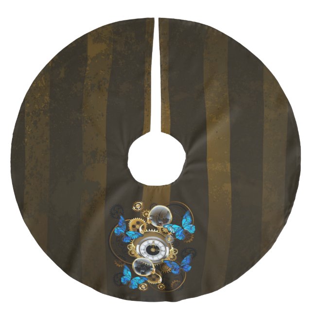Steampunk Gears and Blue Butterflies Brushed Polyester Tree Skirt (Front)