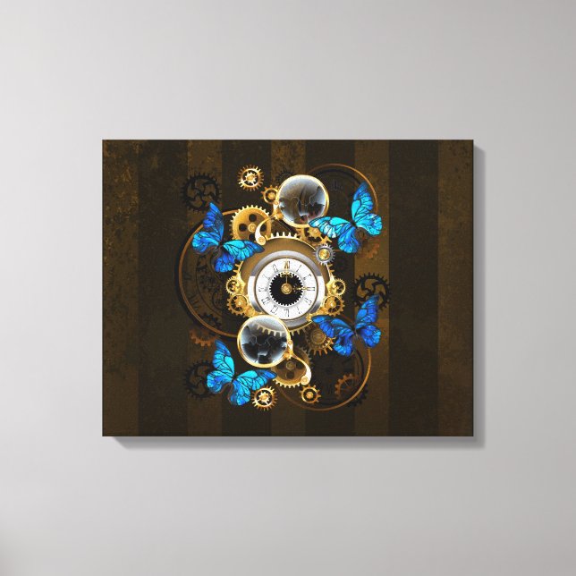Steampunk Gears and Blue Butterflies Canvas Print (Front)