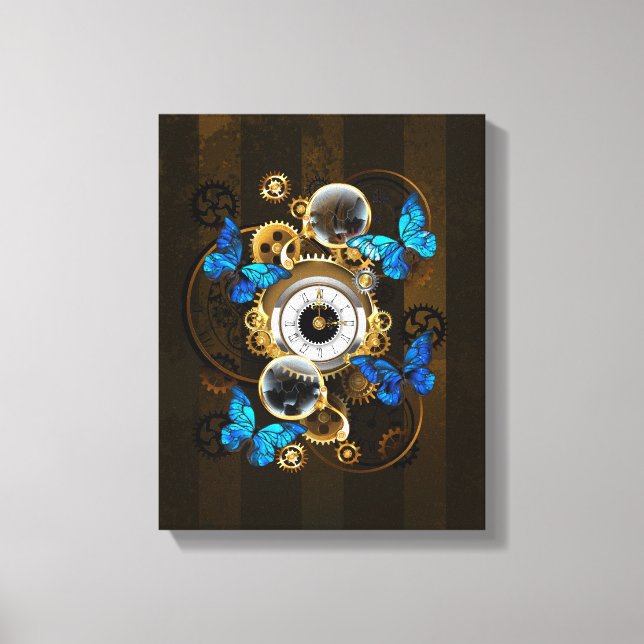 Steampunk Gears and Blue Butterflies Canvas Print (Front)