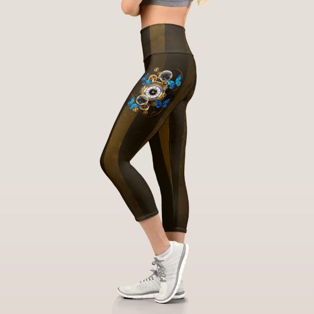 Steampunk Gears and Blue Butterflies Capri Leggings (Left)