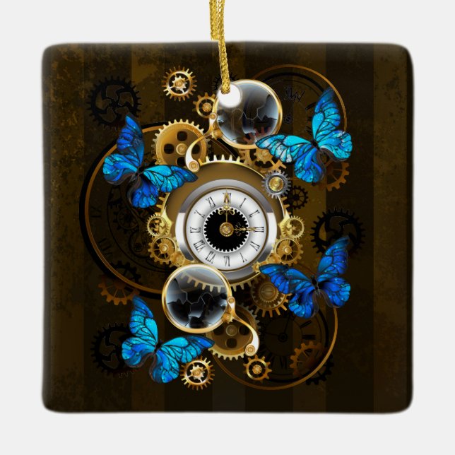 Steampunk Gears and Blue Butterflies Ceramic Ornament (Front)