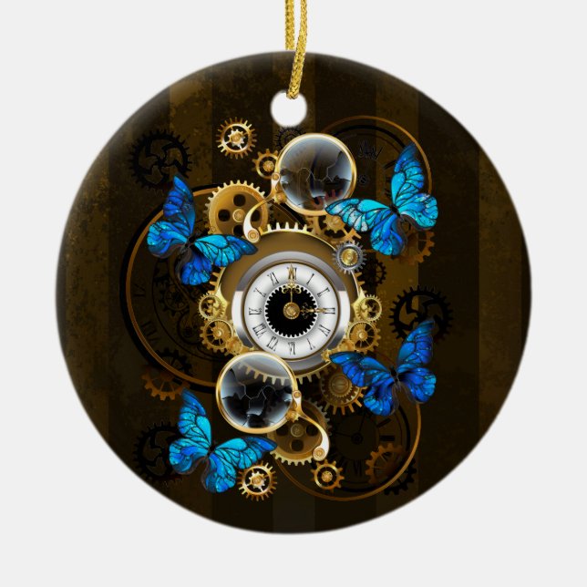 Steampunk Gears and Blue Butterflies Ceramic Tree Decoration (Front)