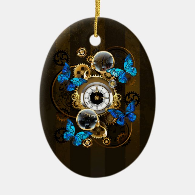 Steampunk Gears and Blue Butterflies Ceramic Tree Decoration (Front)