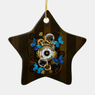 Steampunk Gears and Blue Butterflies Ceramic Tree Decoration