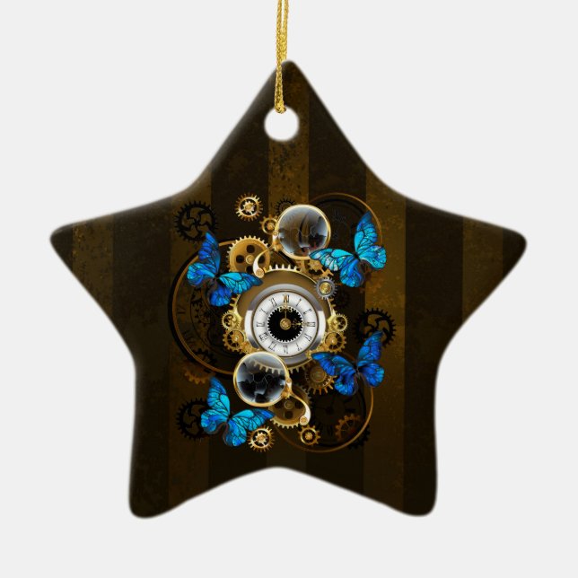 Steampunk Gears and Blue Butterflies Ceramic Tree Decoration (Front)