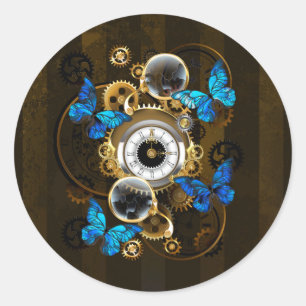 Steampunk Gears and Blue Butterflies Classic Round Sticker