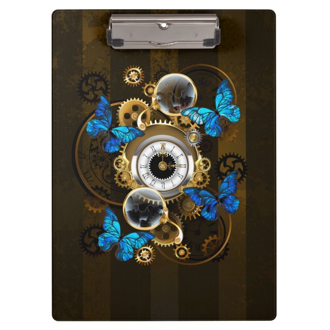 Steampunk Gears and Blue Butterflies Clipboard (Front)