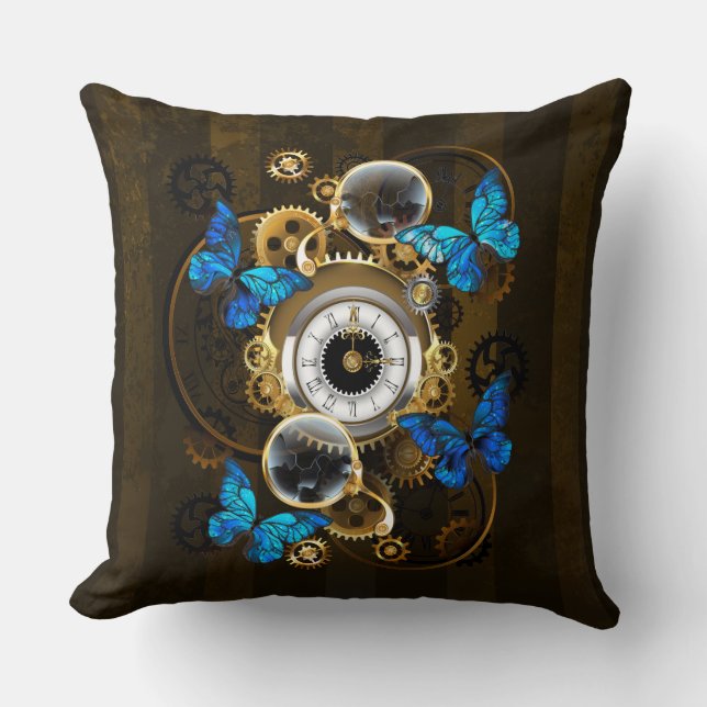Steampunk Gears and Blue Butterflies Cushion (Front)