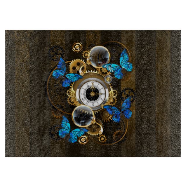 Steampunk Gears and Blue Butterflies Cutting Board (Front)