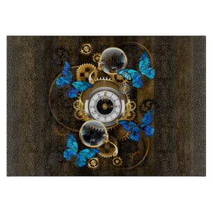 Steampunk Gears and Blue Butterflies Cutting Board