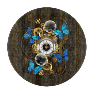 Steampunk Gears and Blue Butterflies Cutting Board