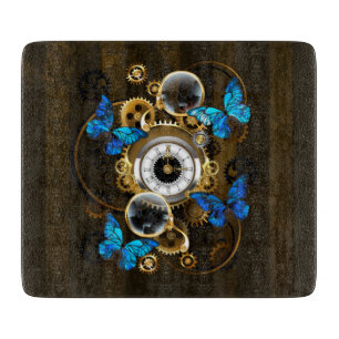 Steampunk Gears and Blue Butterflies Cutting Board