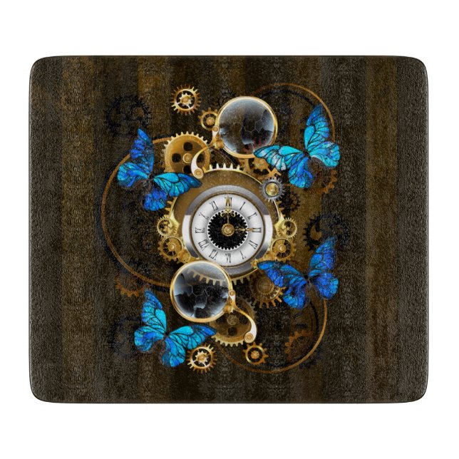 Steampunk Gears and Blue Butterflies Cutting Board (Front)