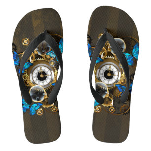 Steampunk Gears and Blue Butterflies Flip Flops