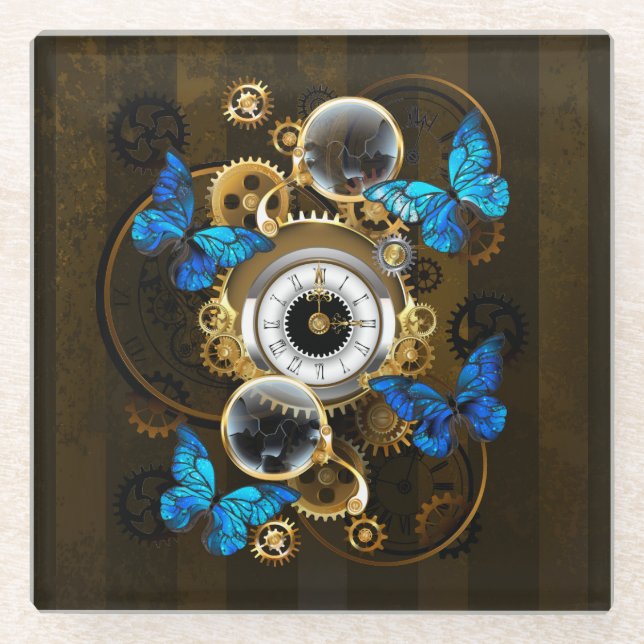 Steampunk Gears and Blue Butterflies Glass Coaster (Front)