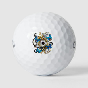 Steampunk Gears and Blue Butterflies Golf Balls