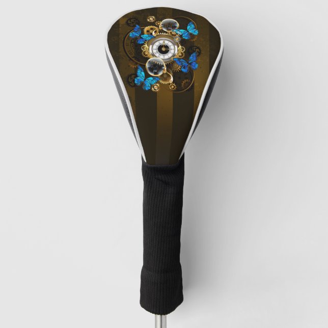 Steampunk Gears and Blue Butterflies Golf Head Cover (Front)