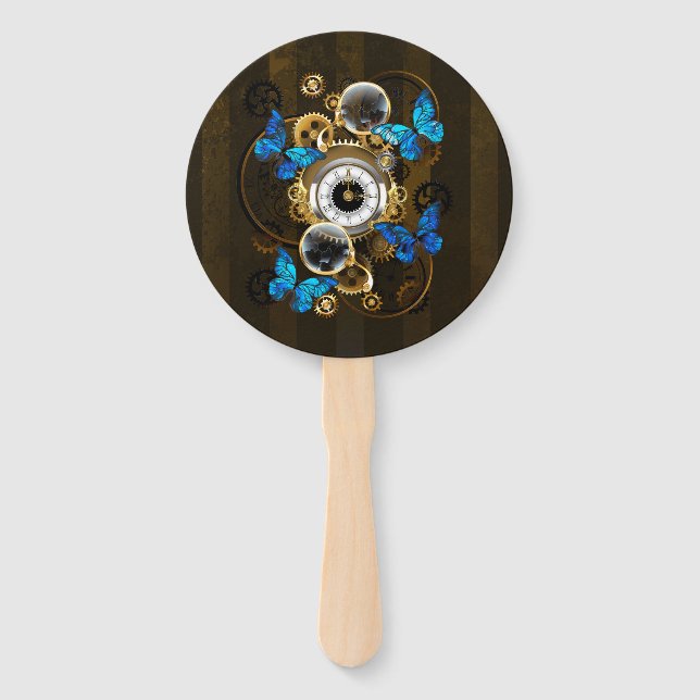 Steampunk Gears and Blue Butterflies Hand Fan (Front)