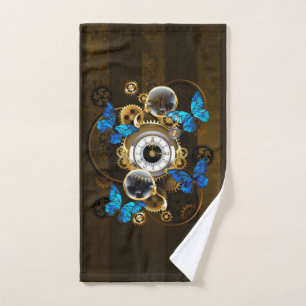Steampunk Gears and Blue Butterflies Hand Towel