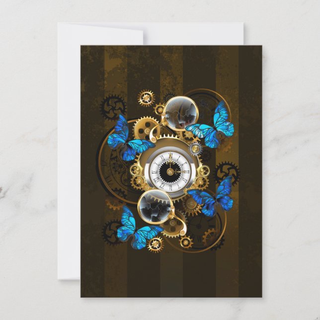 Steampunk Gears and Blue Butterflies Holiday Card (Front)