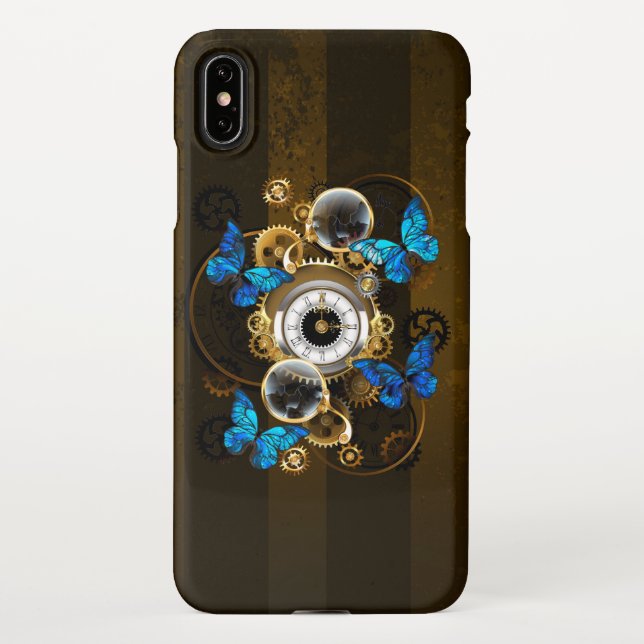 Steampunk Gears and Blue Butterflies iPhone Case (Back)