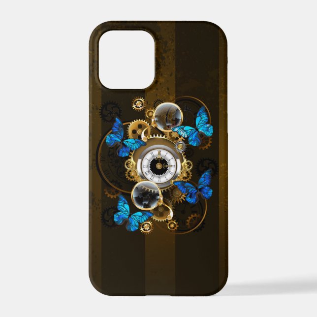 Steampunk Gears and Blue Butterflies iPhone Case (Back)