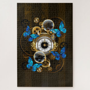 Steampunk Gears and Blue Butterflies Jigsaw Puzzle