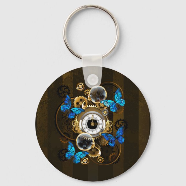 Steampunk Gears and Blue Butterflies Key Ring (Front)