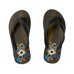 Steampunk Gears and Blue Butterflies Kid's Flip Flops