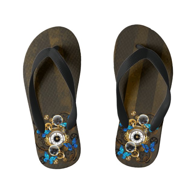 Steampunk Gears and Blue Butterflies Kid's Flip Flops (Footbed)