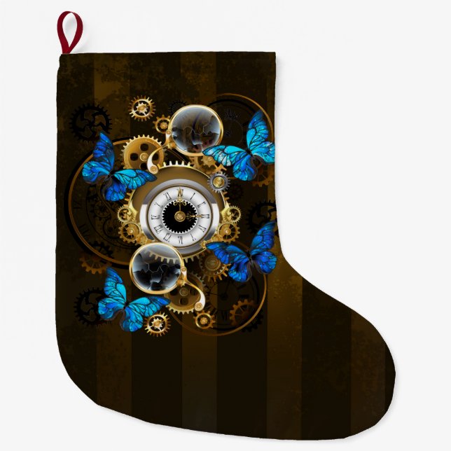 Steampunk Gears and Blue Butterflies Large Christmas Stocking (Front)