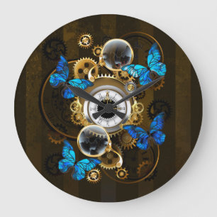 Steampunk Gears and Blue Butterflies Large Clock