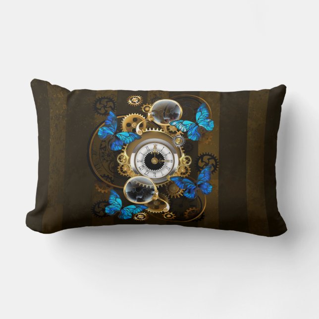 Steampunk Gears and Blue Butterflies Lumbar Cushion (Front)