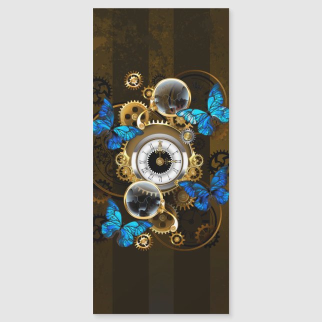Steampunk Gears and Blue Butterflies Magnetic Invitation (Front)