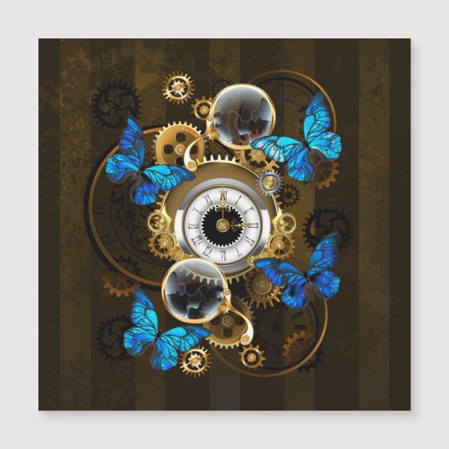 Steampunk Gears and Blue Butterflies Magnetic Invitation (Front)