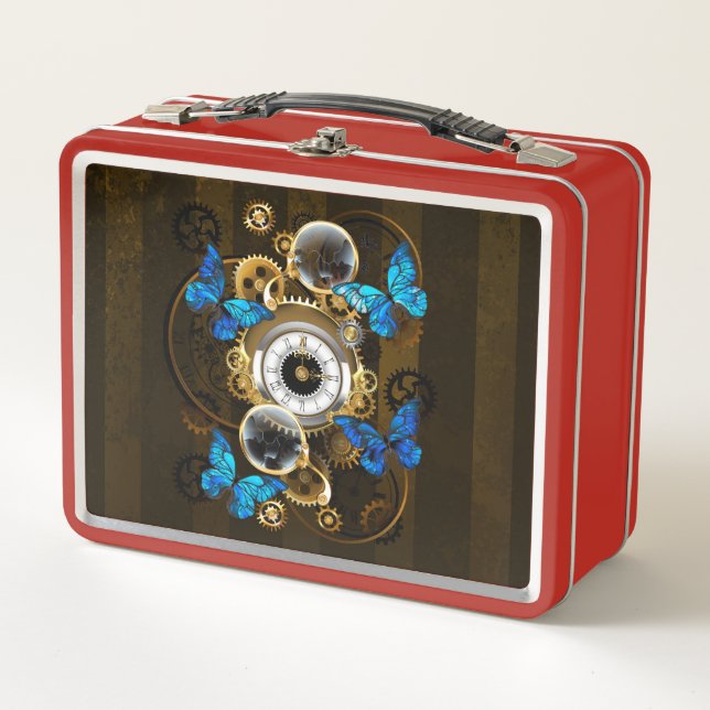 Steampunk Gears and Blue Butterflies Metal Lunch Box (Front)