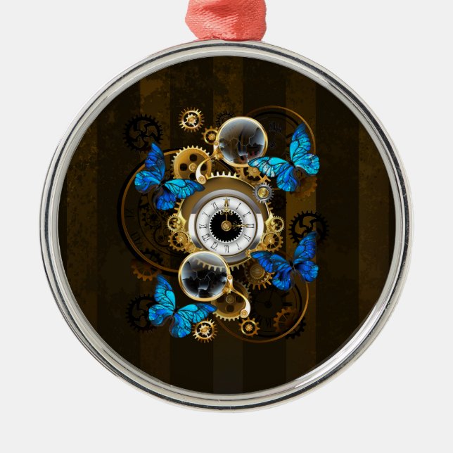 Steampunk Gears and Blue Butterflies Metal Tree Decoration (Front)