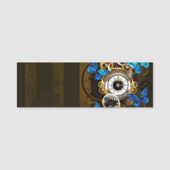 Steampunk Gears and Blue Butterflies Name Tag (Front)