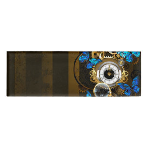 Steampunk Gears and Blue Butterflies Name Tag