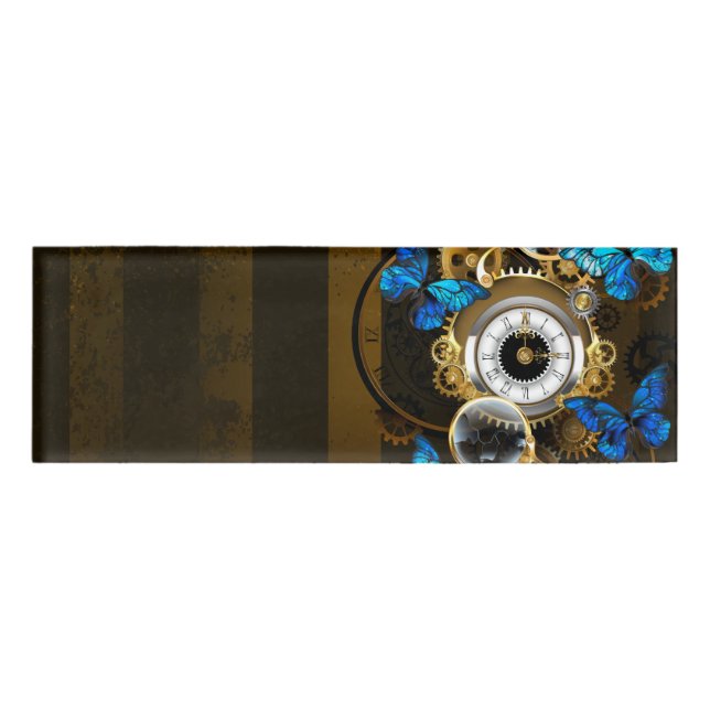 Steampunk Gears and Blue Butterflies Name Tag (Front)