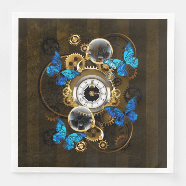 Steampunk Gears and Blue Butterflies Napkin (Front)