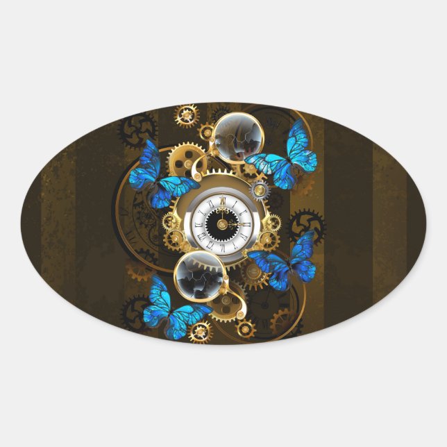 Steampunk Gears and Blue Butterflies Oval Sticker (Front)