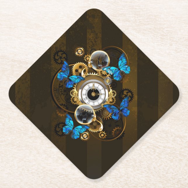Steampunk Gears and Blue Butterflies Paper Coaster (Front)