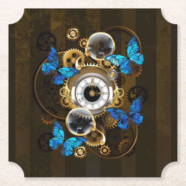 Steampunk Gears and Blue Butterflies Paper Coaster (Front)