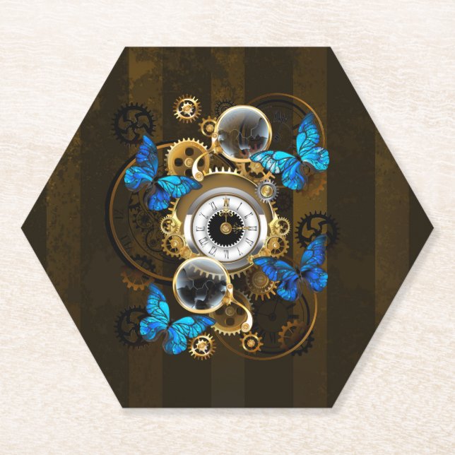 Steampunk Gears and Blue Butterflies Paper Coaster (Front)