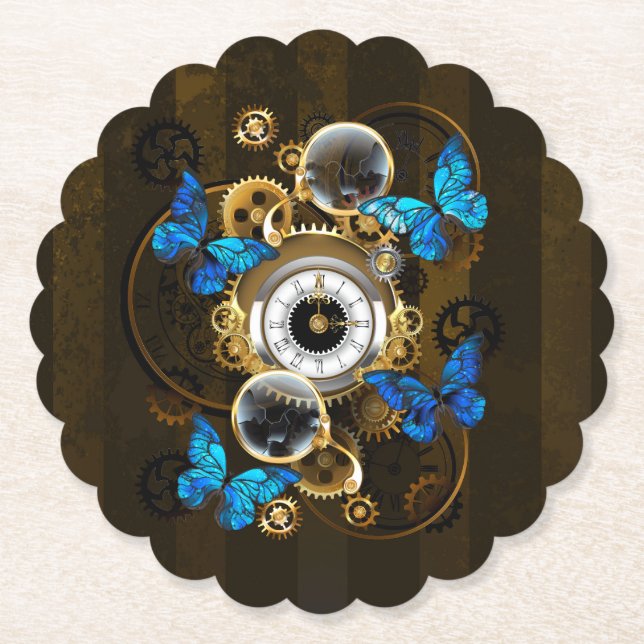 Steampunk Gears and Blue Butterflies Paper Coaster (Front)